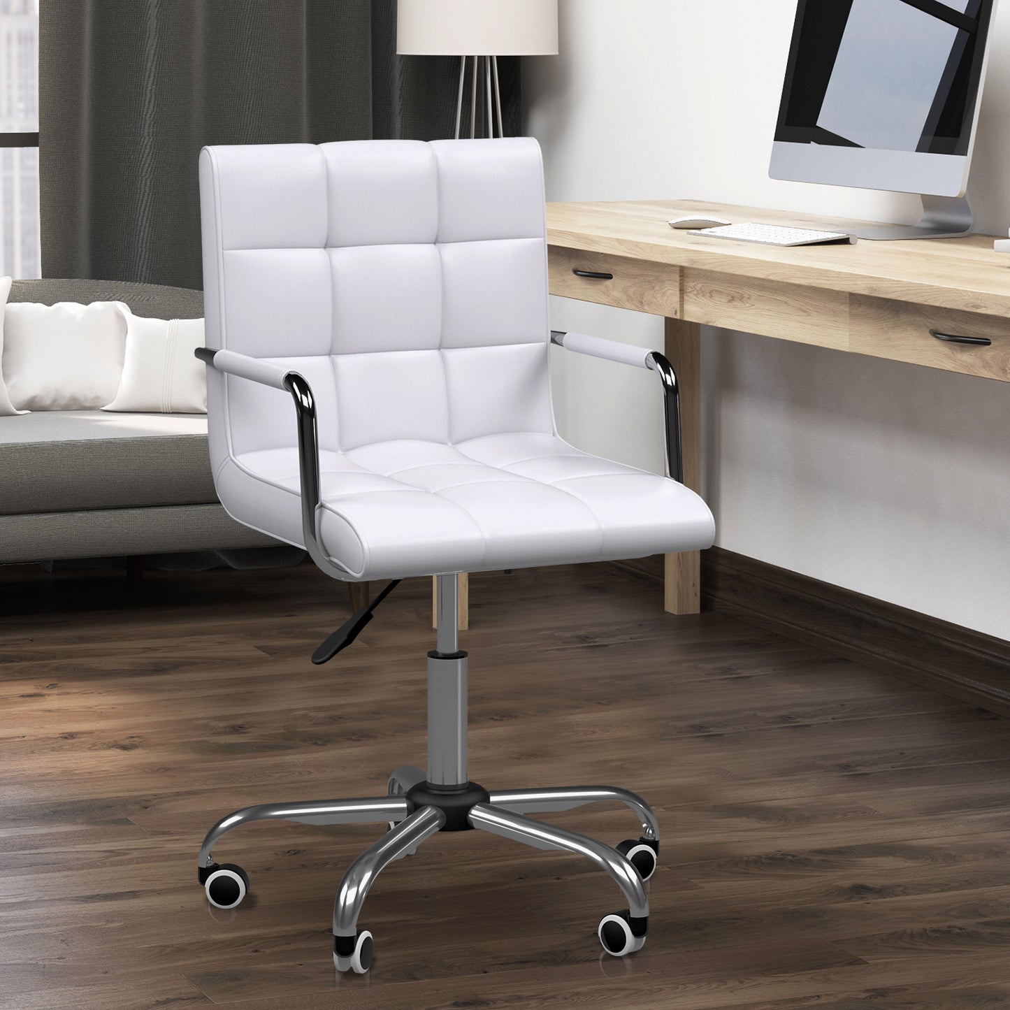 Mid Back PU Leather Home Office Desk Chair Swivel Computer Chair with Arm, Wheels, Adjustable Height, White