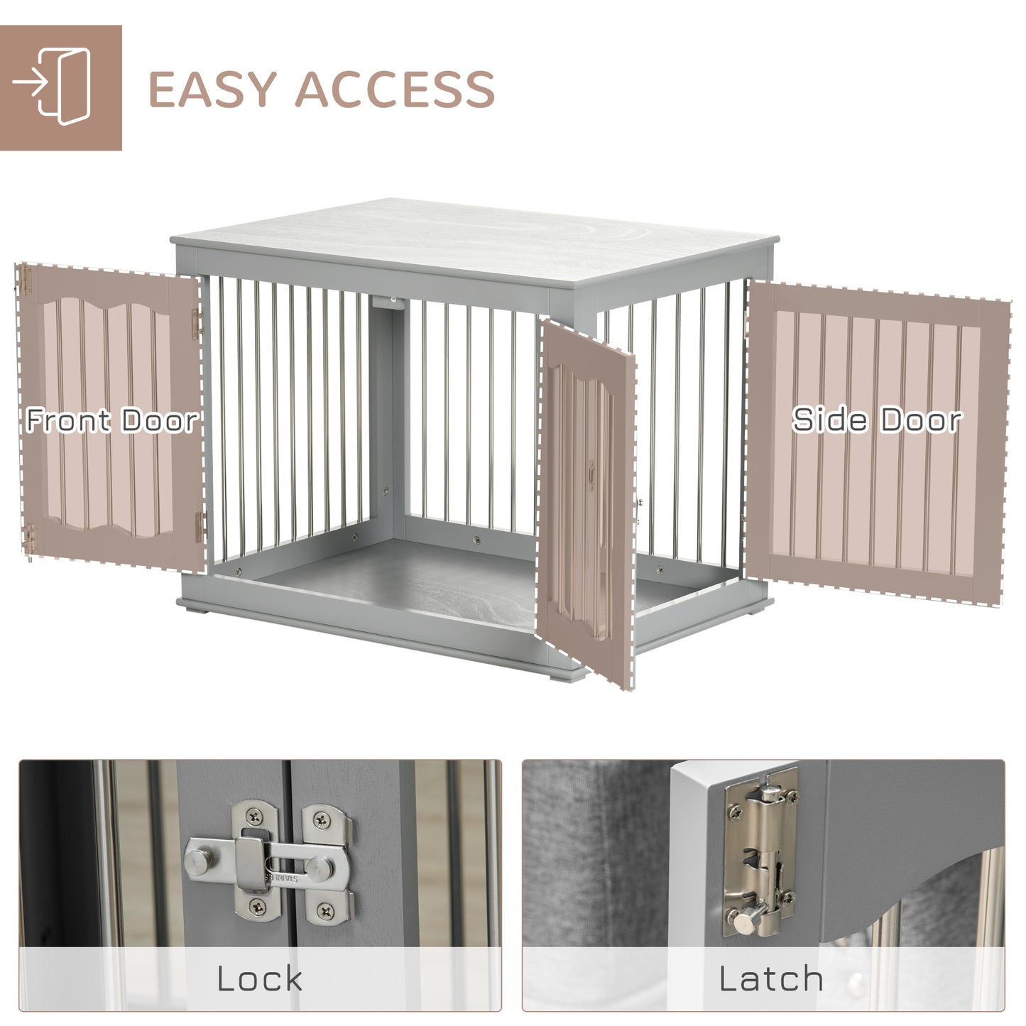 Dog Crate End Table w/ Three Doors, Furniture Style Dog Crate, for Medium Dogs, Indoor Use w/ Locks and Latches - Grey