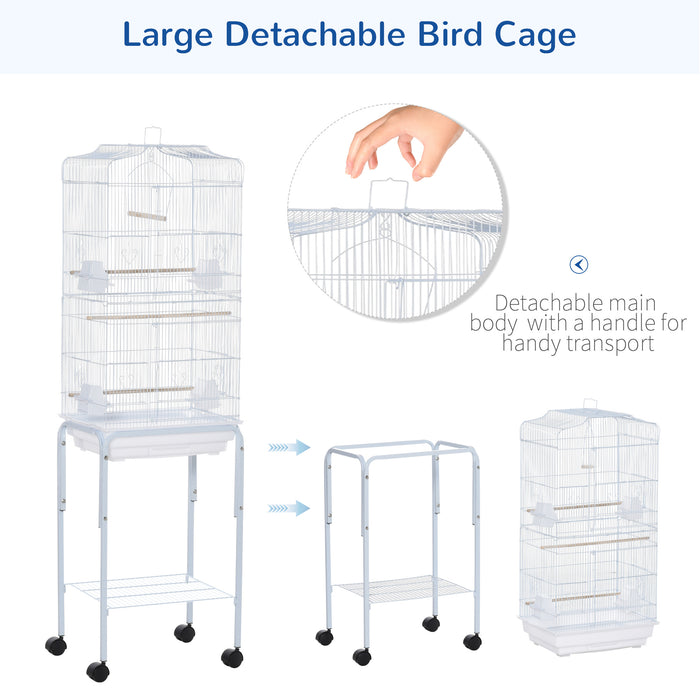 Bird Cage Budgie Cages for Finch Canary Parakeet with Stand Wheels Slide-out Tray Accessories Storage Shelf, White 46.5 x 36 x 157 cm