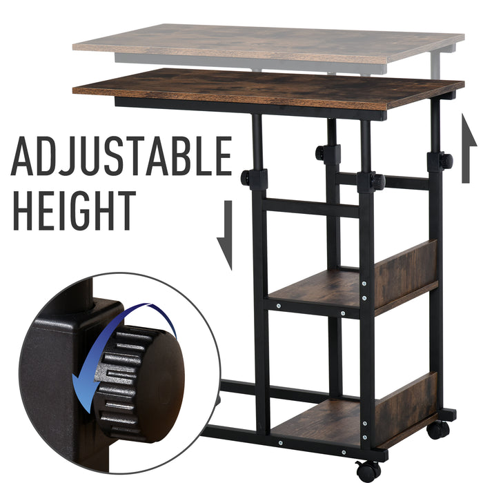 C-Shaped Side Table Industrial Mobile Rolling End Desk with 3-Tier Storage Shelving, Adjustable Height, Wheels