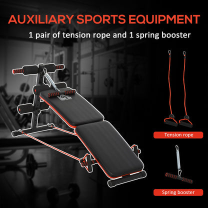 Sit Up Bench Core Workout Adjustable Thigh Support Foldable for Home Gym w/ Arm Pulling Rope Black