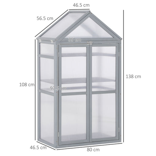 3-Tier Wooden Cold Frame Greenhouse Garden Polycarbonate Grow House w/ Adjustable Shelves, Double Doors, 80 x 47 x 138cm, Grey