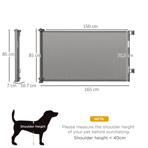 Retractable Stair Gate for Dogs 150cm Extendable, 85cm Tall, Extra Wide Foldable Mesh Pet Safety Gate w/ Single Hand Operation, for Stairs, Doorways, Hallways - Grey