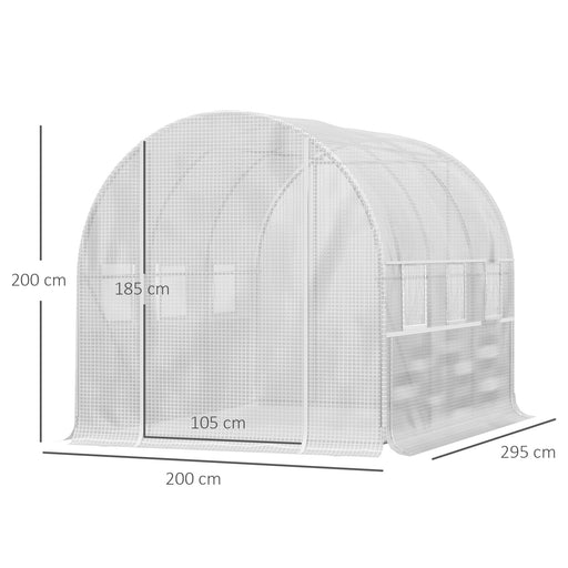 3 x 2 x 2m Walk-in Tunnel Greenhouse, Polytunnel Tent with PE Cover, Zippered Roll Up Door and 6 Mesh Windows, White