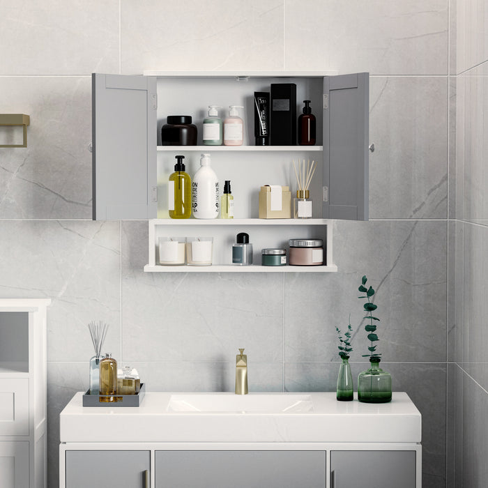 Kleankin Bathroom Mirror Cabinet, Wall Mounted with Double Mirrored Doors, Organiser Wall Mounted, Cupboard and Shelf, Grey