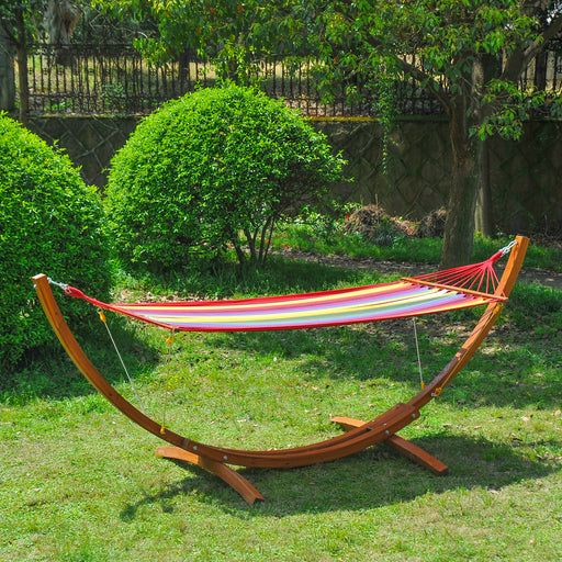 Outsunny Garden Outdoor Patio Standing Frame Wooden Cotton Hammock with Arc Stand and Safe Ropes - Multi-Colour