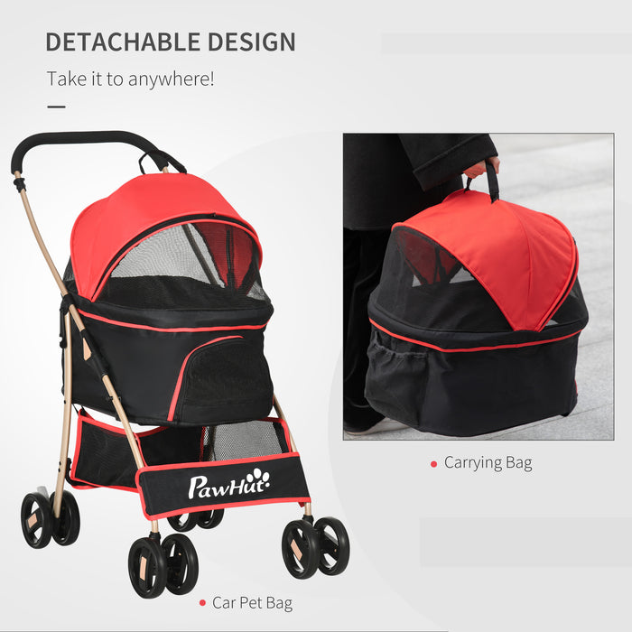 Detachable Pet Stroller, 3 In 1 Dog Cat Travel Carriage, Foldable Carrying Bag w/ Universal Wheels, Brake, Canopy, Basket, Storage Bag - Red