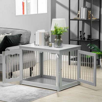 Dog Crate End Table w/ Three Doors, Furniture Style Dog Crate, for Medium Dogs, Indoor Use w/ Locks and Latches - Grey