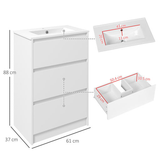 kleankin 600mm Bathroom Vanity Unit with Basin and Single Tap Hole, High Gloss White Floor Standing Bathroom Sink Unit with 2 Drawers