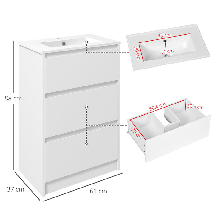 kleankin 600mm Bathroom Vanity Unit with Basin and Single Tap Hole, High Gloss White Floor Standing Bathroom Sink Unit with 2 Drawers