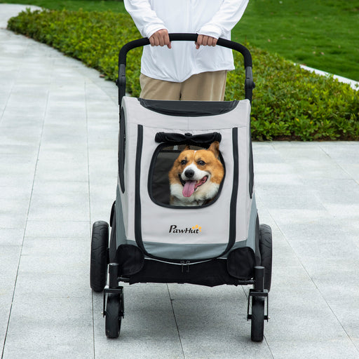 Pet Stroller for Medium Dogs Cat Pushchair Buggy Pram with 4 Wheels Safety Leash Zipper Doors Mesh Windows Storage Bag - Grey