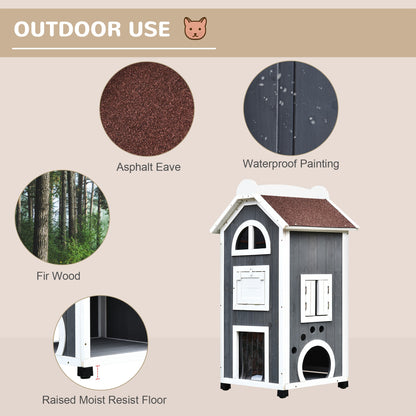 Wooden Cat House, Weatherproof Pet Shelter, Outdoor Cat Condos Cave, 2 Floor Furniture, Grey and White