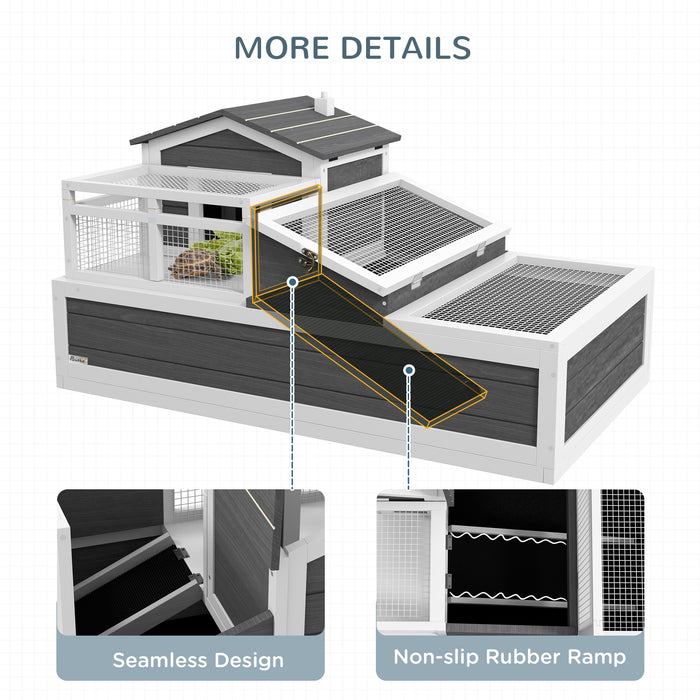 Three-Room Tortoise House Habitat with Balcony, Two-Story Wooden Tortoise House with Ladder, Tray, Openable Roof, Large Reptile Cage, 59H x 112L x 65Wcm