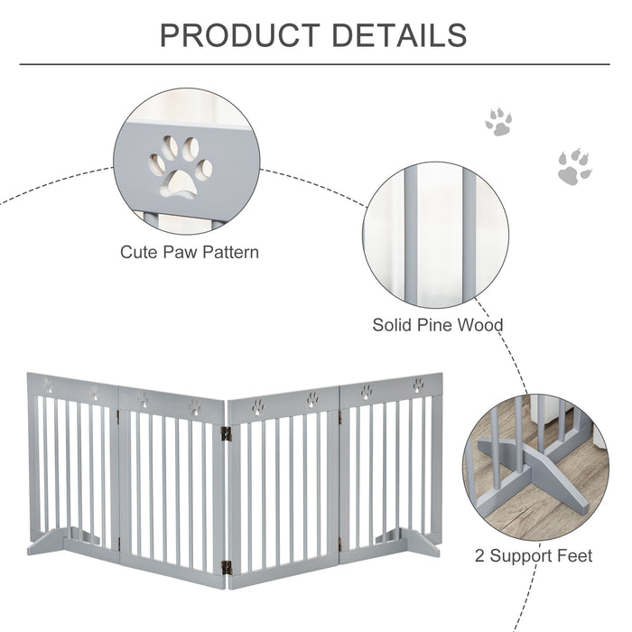 Freestanding Pet Gate 4 Panel Wooden Dog Barrier Folding Safety Fence with Support Feet up to 204cm Long 61cm Tall for Doorway Stairs Grey