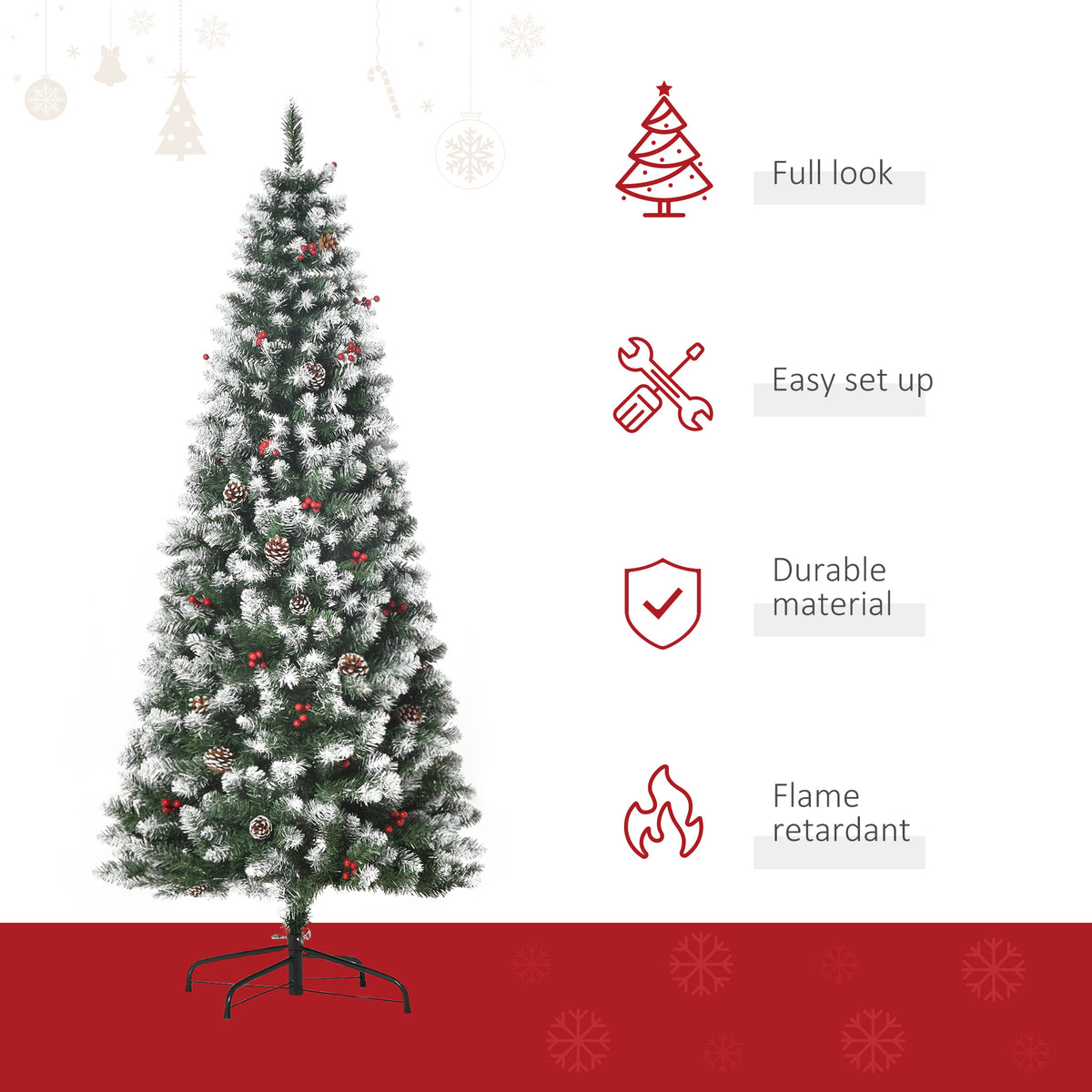 6ft Snow-Flecked Artificial Christmas Tree with Red Berries, Pinecones & 618 Tips