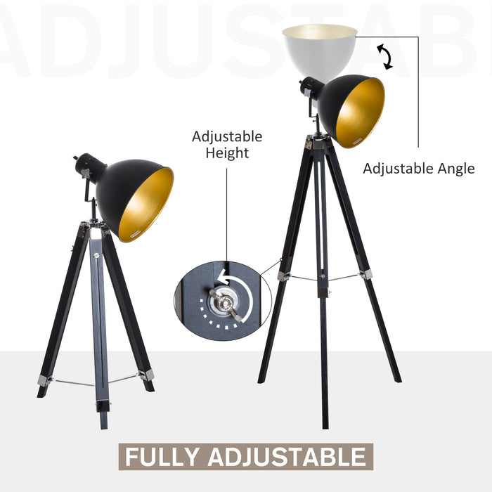 Studio Floor Lamp,Tripod Spotlight Lamp with Wood Legs, Ø 30 cm Lampshade and Max. 40W, 152cm Floor Lamp, Metal, Black and Gold