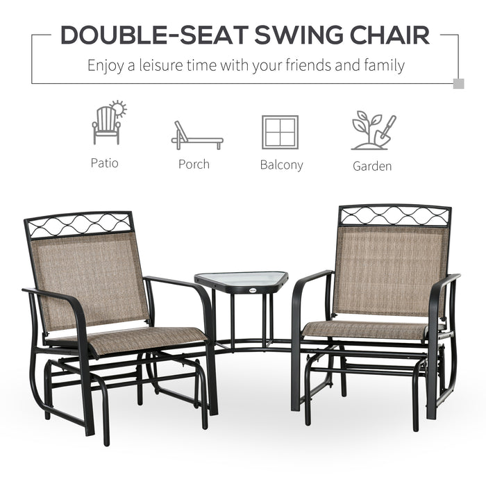 Double Outdoor Glider Chair, 2 Seater Patio Rocking Chairs, Swing Bench w/ Tempered Glass Table, Mesh Fabric for Backyard, Garden, Brown