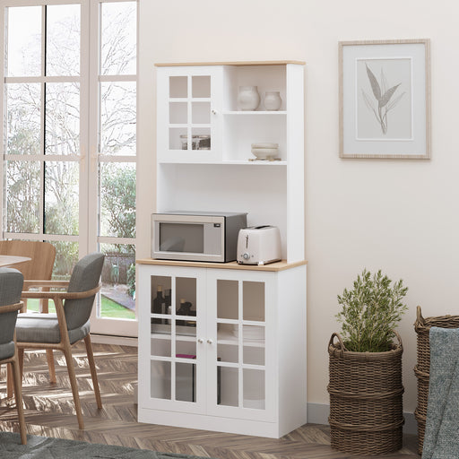 Kitchen Cupboard  Sideboard Storage Cabinet Unit w/ Counter Top Grid Glass Doors Shelves  80L x 37W x 183H cm - White