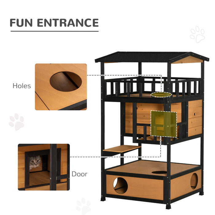 Wooden Outdoor Cat House 3-Tier for Winter Kitten Shelter Lodge w/ Tilted Roof Terrace Jump Step Bottom Tray Elevated Base Waterproof