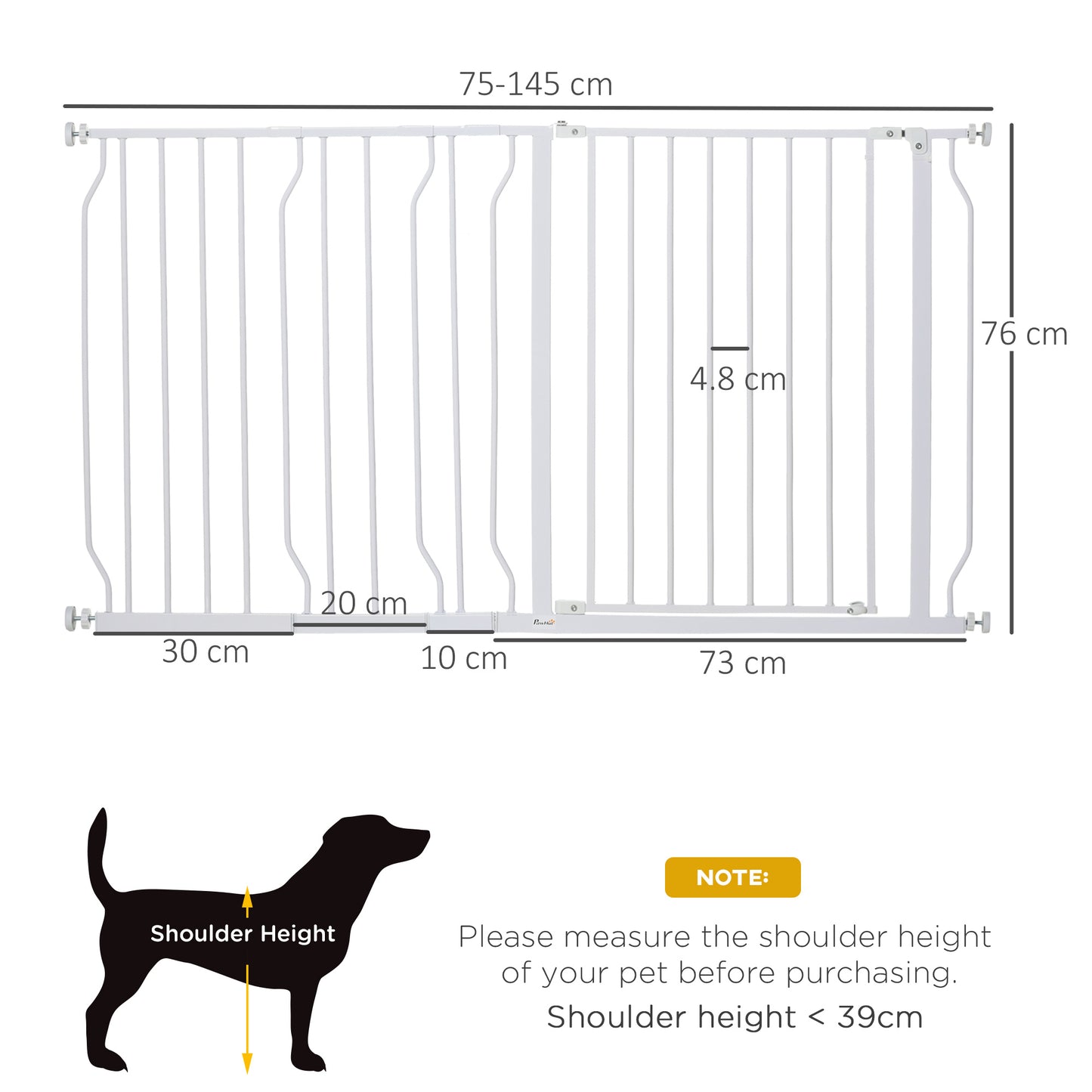 Dog Gate Wide Stair Gate w/ Door Pressure Fit Pets Barrier for Doorway, Hallway, 76H x 75-145W cm - White