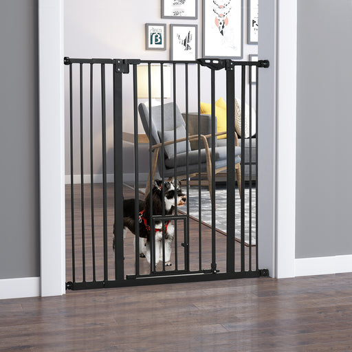 PawHut Extra Tall Dog Gate with Cat Flap Pet Safety Gate for Doorways Stairs with Auto Close Double Locking 104 cm Tall 74 101 cm Wide Black QuidsIn Superstore