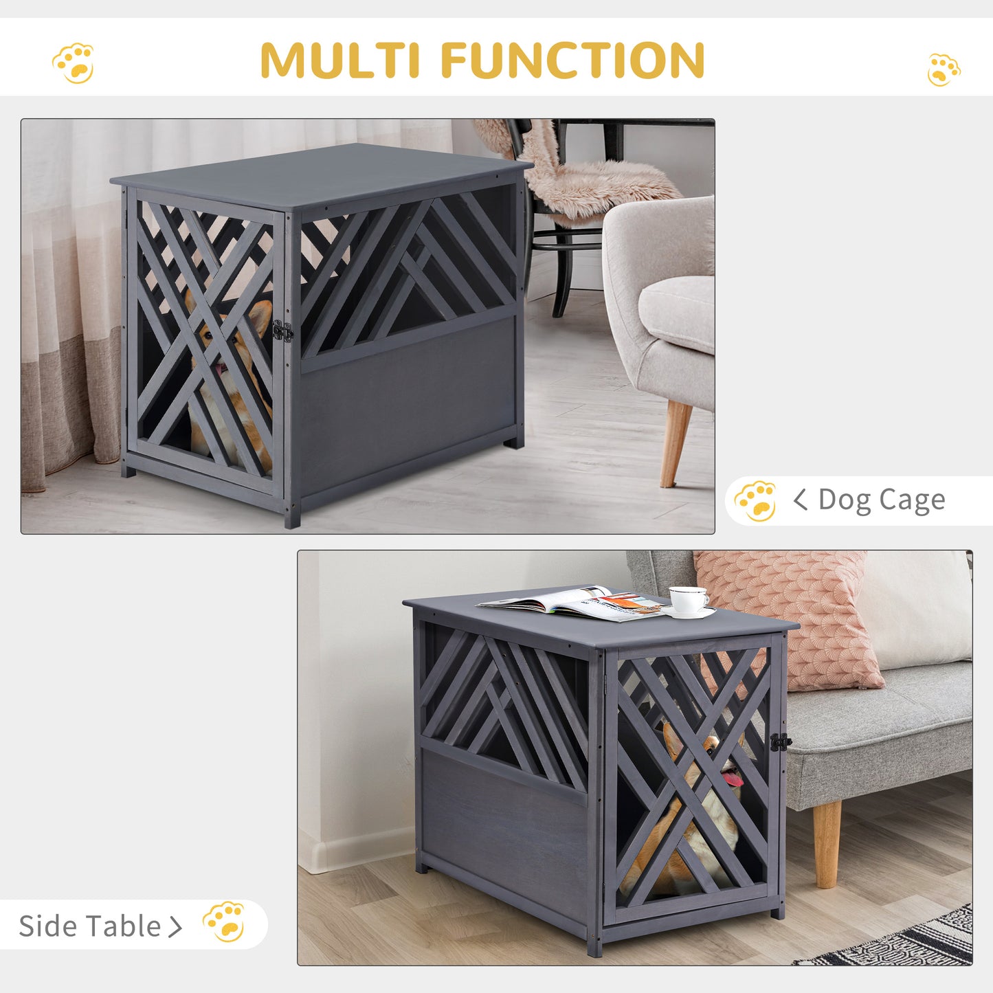 Wood Dog Crate Dog Cage Table Kennel Night Stand with Lockable Door for Small Medium Pets Grey 60 x 91 x 74 cm