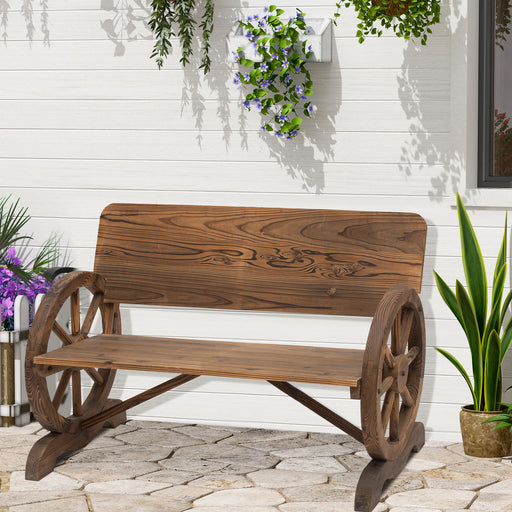 Outsunny Wooden Cart Wagon Wheel 2 Seater Garden Bench Outdoor Chair Rustic High Back Loveseat Burnt Stained