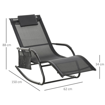 Breathable Mesh Rocking Chair Patio Rocker Lounge for Indoor & Outdoor Recliner Seat w/ Removable Headrest for Garden and Patio Black