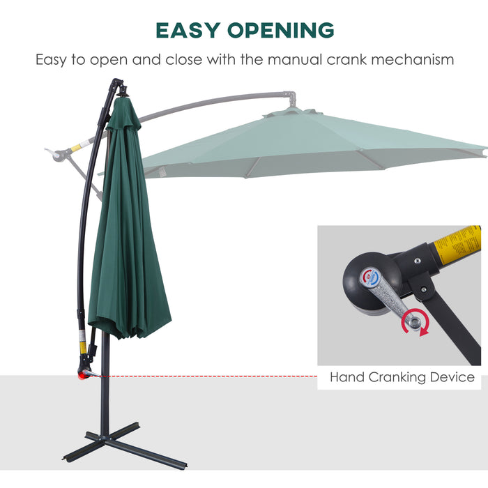 3(m) Banana Parasol Hanging Cantilever Umbrella with Crank Handle, 8 Ribs and Cross Base for Outdoor, Sun Shade, Dark Green