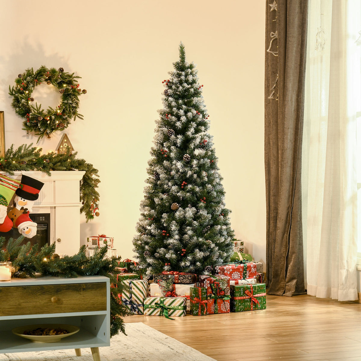 6ft Snow-Flecked Artificial Christmas Tree with Red Berries, Pinecones & 618 Tips