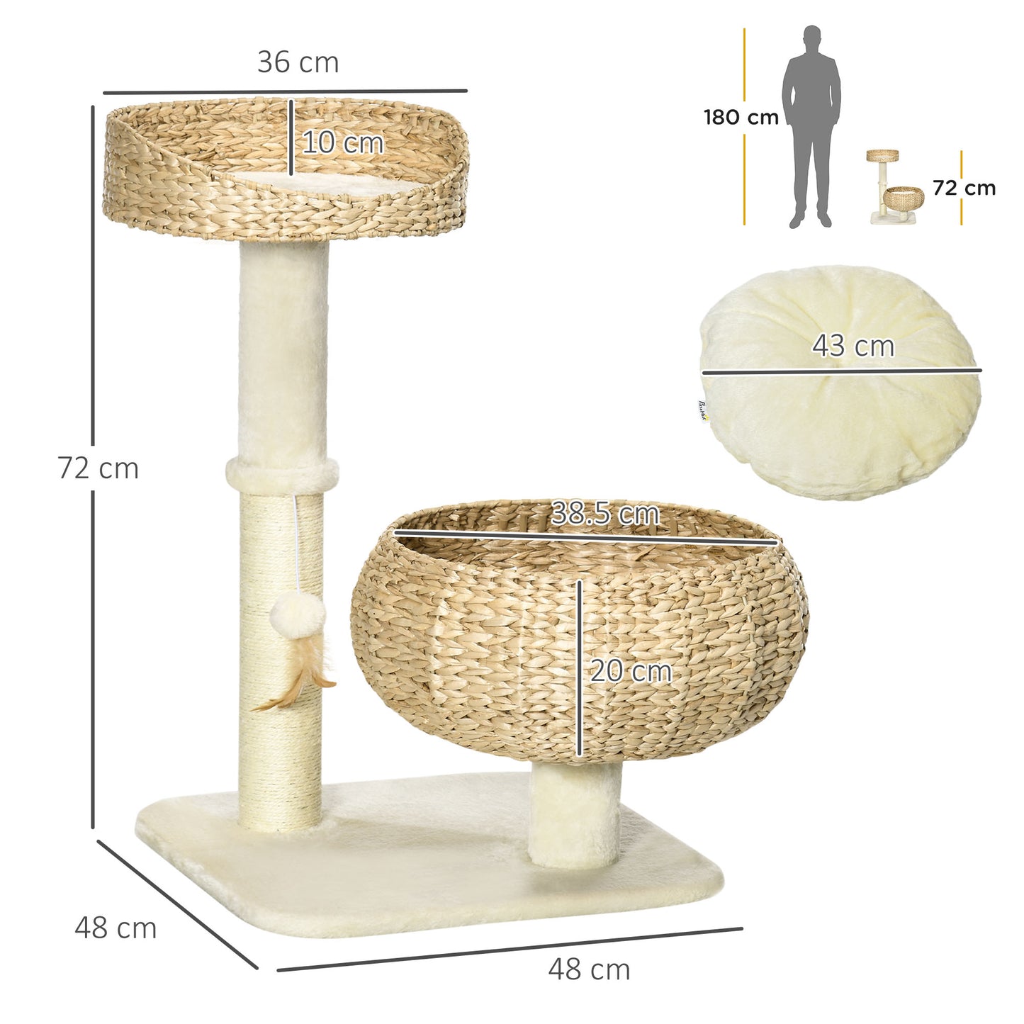 72cm Cat Tree, Kitty Activity Centre, Cat Climbing Toy, Cat Tower w/ Two Cattail Beds, Toy Ball, Scratching Post - Beige
