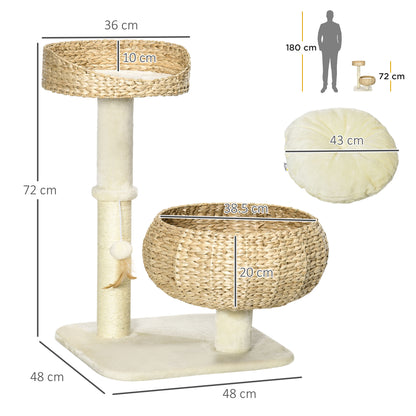 72cm Cat Tree, Kitty Activity Centre, Cat Climbing Toy, Cat Tower w/ Two Cattail Beds, Toy Ball, Scratching Post - Beige