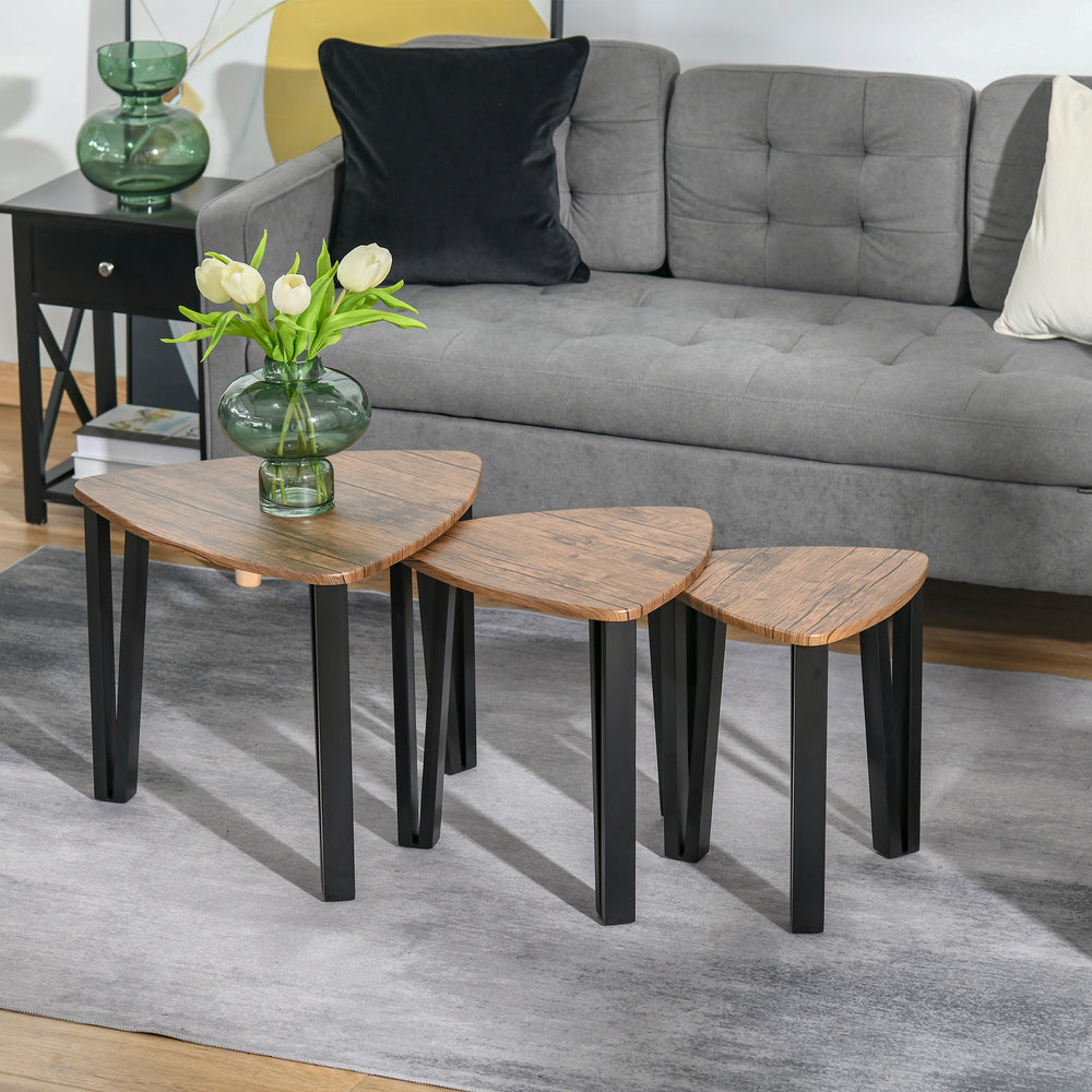 3 PCs MDF Steel Nesting Table Coffee Table Set Multifunctional End Side Table Living Room Furniture Walnut Wood Grain