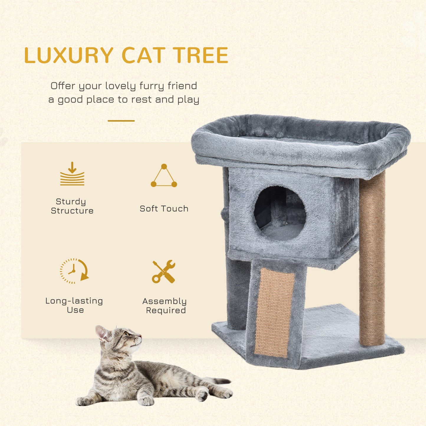 Cat Tree for Indoor Cats Kitten Tower Climbing Activity Centre Furniture w/ Jute Scratching Pad, Toy Ball, Cat House - Grey