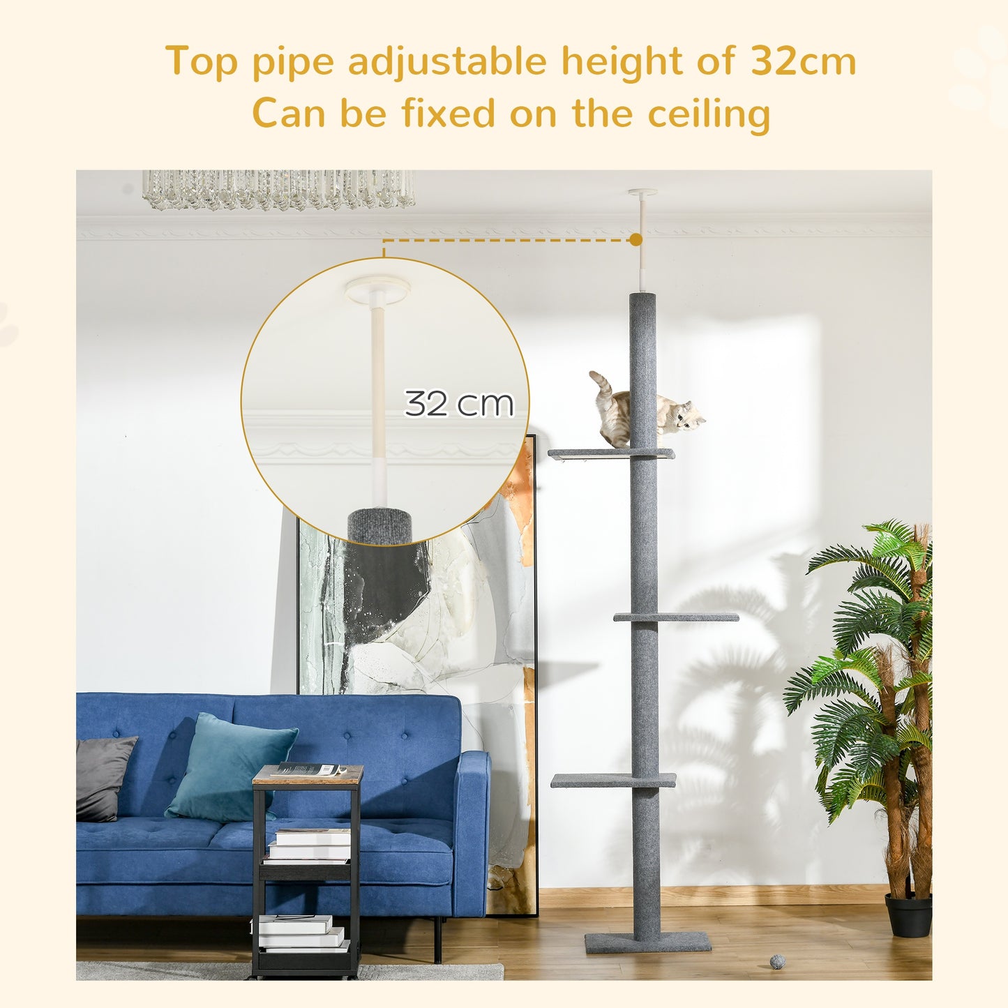 260cm Floor To Ceiling Cat Tree for Indoor Cats w/ Three Platforms Activity Centre - Grey