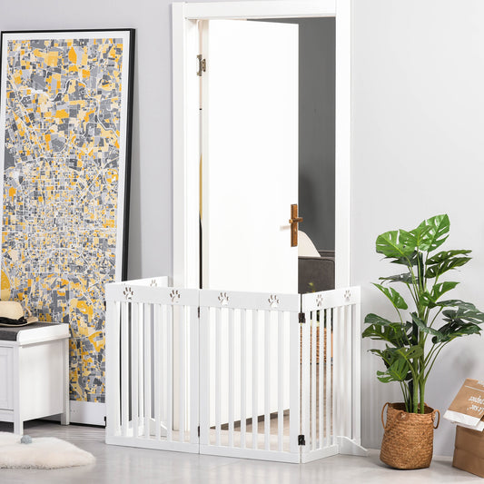 Freestanding Pet Gate 4 Panel Dog Barrier Folding Safety Fence with Support Feet up to 204cm Long 75cm Tall for Doorway Stairs White