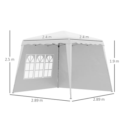 Outsunny Pop Up Gazebo with 2 Sides, Slant Legs and Carry Bag, Height Adjustable UV50+ Party Tent Event Shelter for Garden, Patio, 2.4 x 2.4m Top / 2.9 x 2.9m Base, White