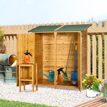 Outsunny Garden Wood Storage Shed w/ Flexible Table, Hooks and Ground Nails, Multifunction Lockable Sheds & Outdoor Asphalt Roof Tool Organizer, 140 x 75 x 157cm, Natural