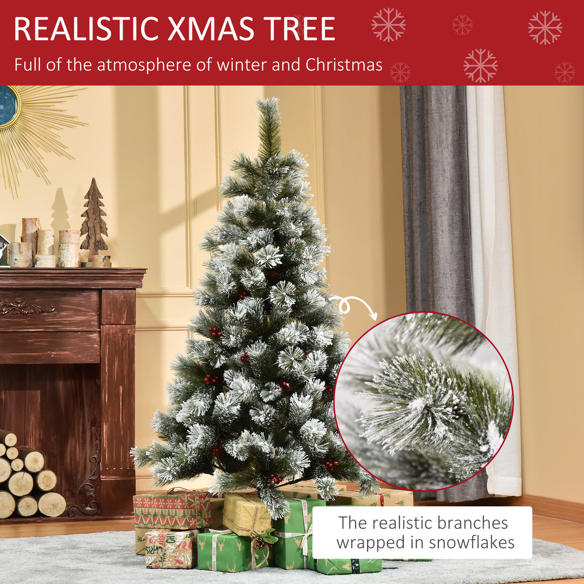 5ft Frosted Artificial Christmas Tree with Red Berries & Metal Stand