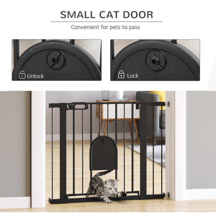 Dog Gate with Cat Flap Pet Safety Gate Barrier, Stair Pressure Fit, Auto Close, Double Locking, for Doorways, Hallways, 75-103 cm Black