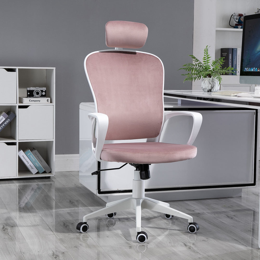 High-Back Office Chair Velvet Style Fabric Computer Home Rocking with Wheels, Rotatable Liftable Headrest, Pink