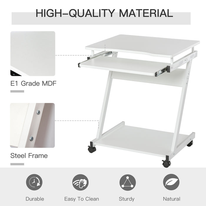 Movable Compact Small Computer PC Desk with 4 Moving Wheels Sliding Keyboard Tray Home Office Gaming Study Workstation White