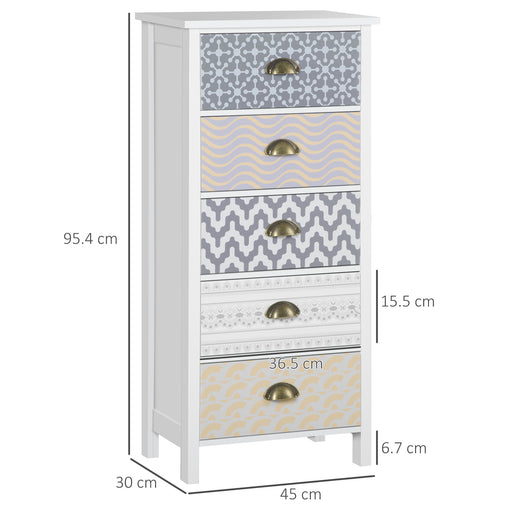 Slim Storage Cabinet Organiser, Chest of Drawers, 5-Drawer Dresser with Metal Handle for Living Room, Bedroom