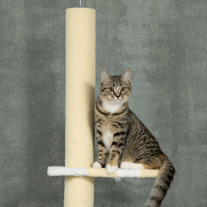 260cm Floor to Ceiling Cat Tree, Height Adjustable Kitten Tower with Anti-slip Kit, Multi-Layer Activity Centre w/ Fish-shaped Perches Scratching Post Ball Toy - Yellow