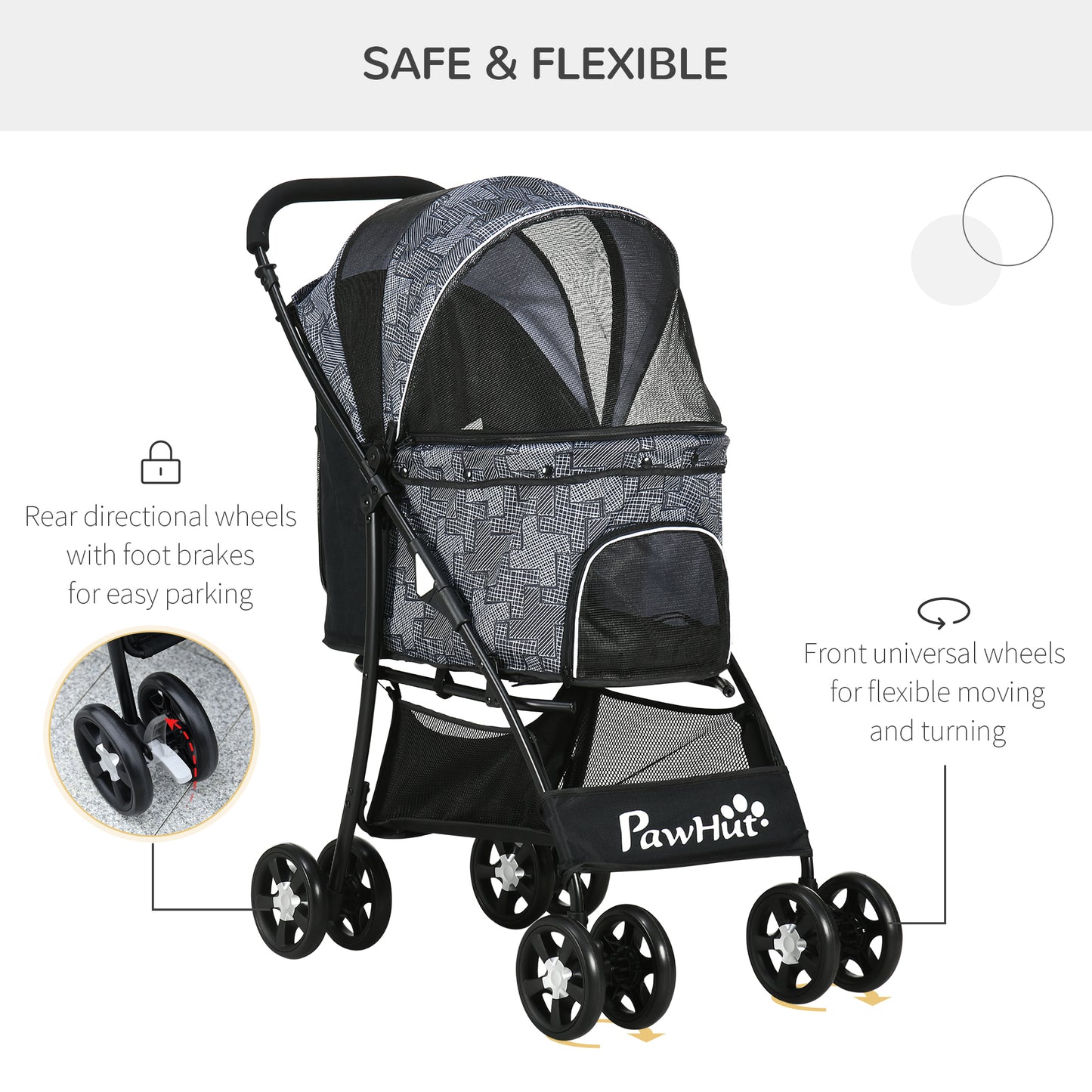 Pet Stroller Dog Pram Pushchair Cat Travel Carriage W/ Universal Wheels, Brake, Canopy, Storage Bag - Grey