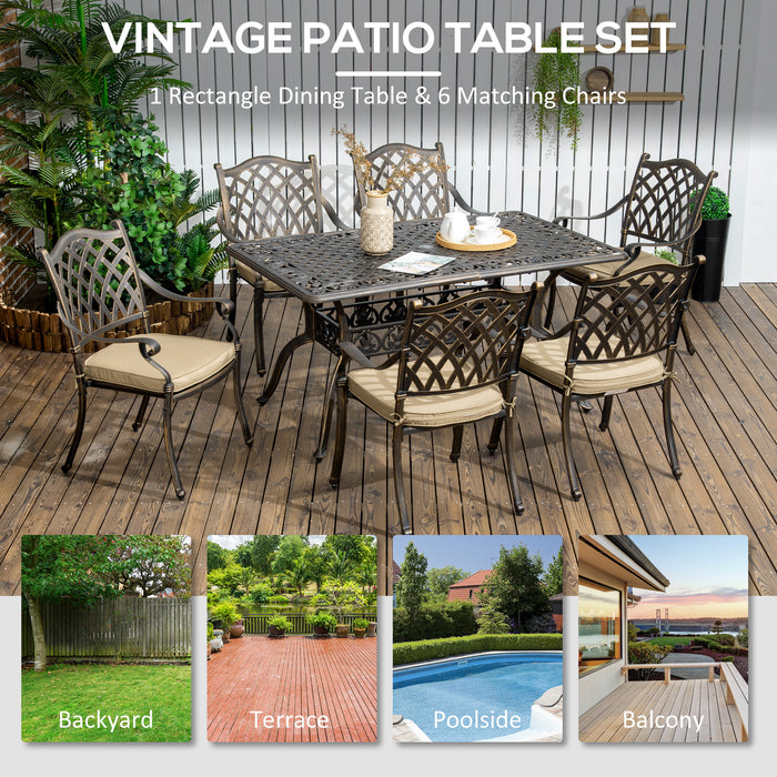 Outsunny 7 PCs Outdoor Patio Dining Set with Umbrella Hole, Cast Aluminum Patio Furniture Set with Six Cushioned Chairs and Rectangle Dining Table, for Garden, Lawn, Deck, Bronze