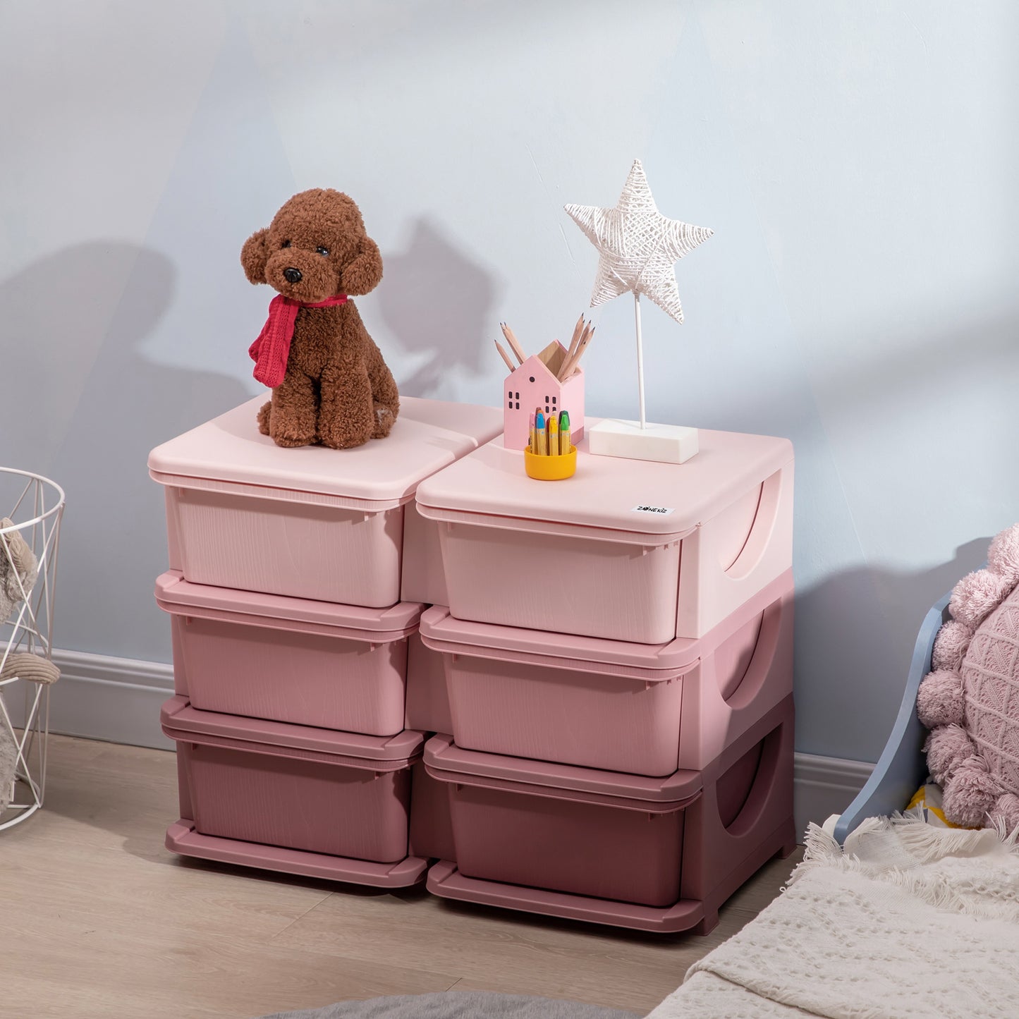 HOMCOM Kids Three Tier Storage Unit Toy Storage Organiser Vertical Dresser Tower, for Nursery, Playroom, Classroom - Pink