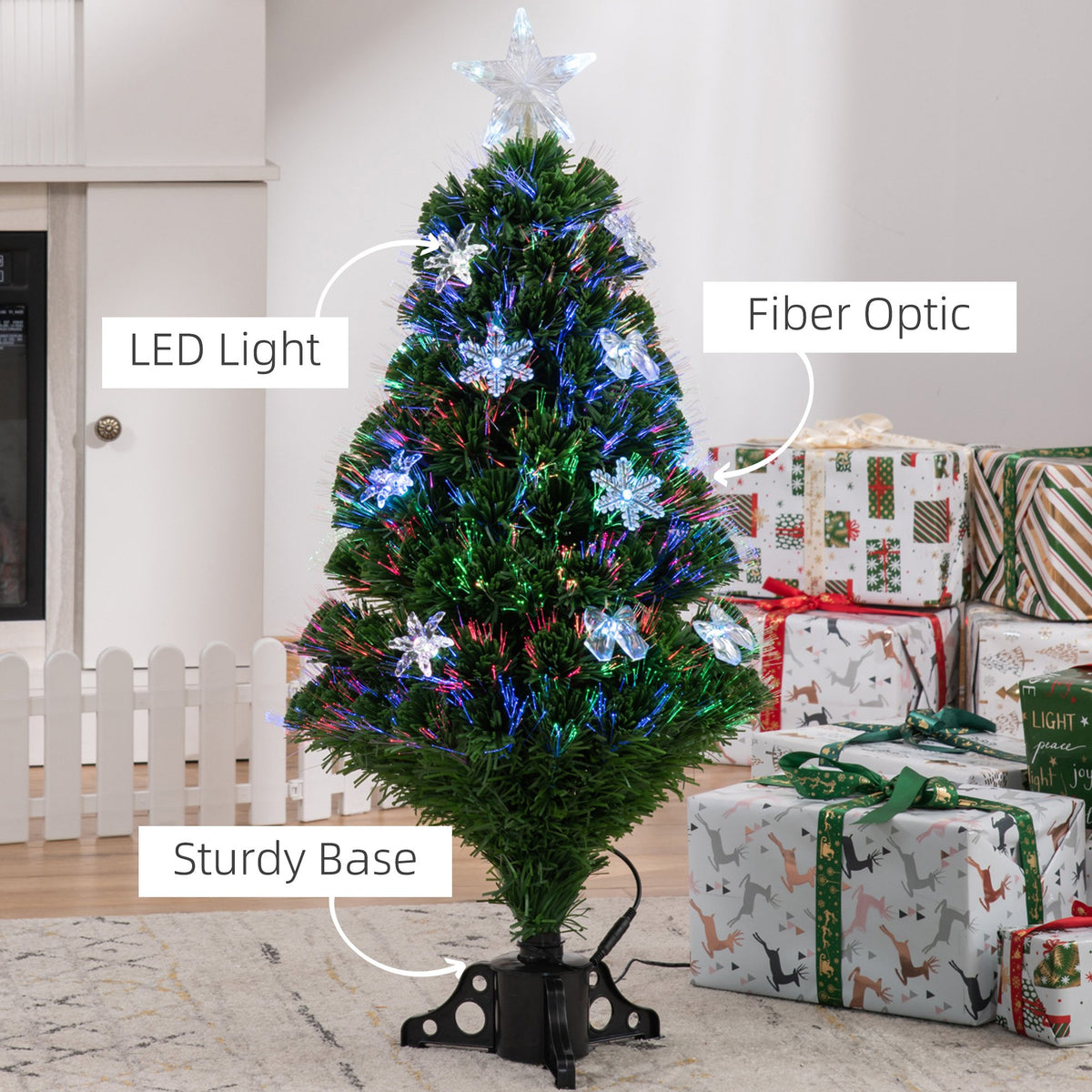 3ft Pre-Lit Fibre Optic Christmas Tree with Multicolour LEDs, Bows & Star