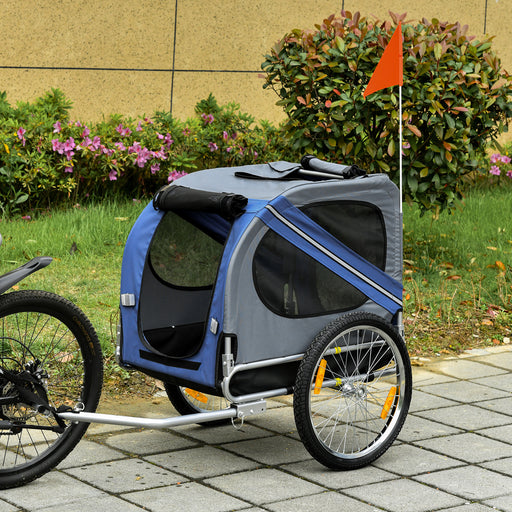 Folding Dog Bike Trailer Pet Cart Carrier for Bicycle Travel in Steel Frame with Hitch Coupler - Blue & Grey