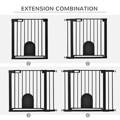 Dog Gate with Cat Flap Pet Safety Gate Barrier, Stair Pressure Fit, Auto Close, Double Locking, for Doorways, Hallways, 75-103 cm Black